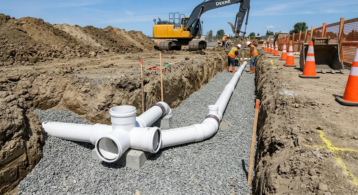 New PVC sewer pipe installation in open trench for Commercial Drain Cleaning in Park City