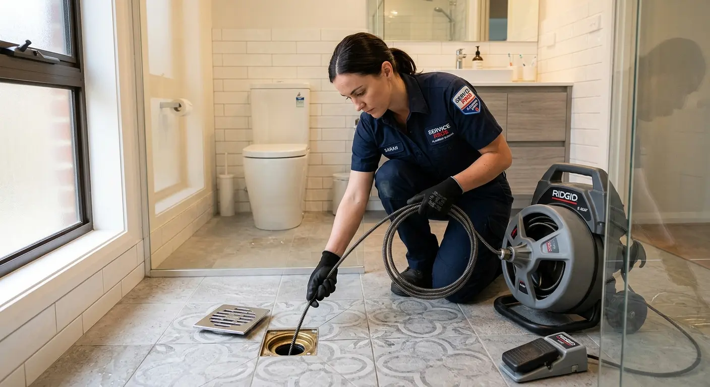 Technician clearing a bathroom floor drain for Sewer Line Installation in Park City